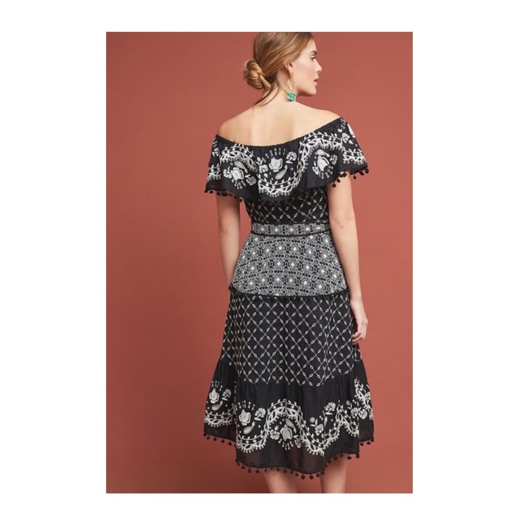 Anthropologie Black and White Marisol Off The Shoulder Embroidered Belted Dress - Picture 3 of 9